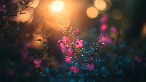 Golden Hour Whispers - Magenta Blooms Dancing Through Twilight