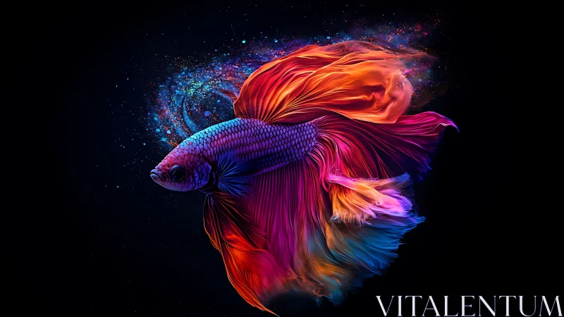 Vibrant betta fish drifts through cosmic neon waters