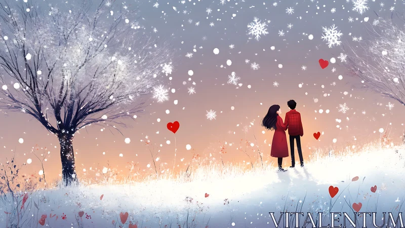 Winter Romance: Couple in Snowy Landscape with Snowflakes and Red Hearts