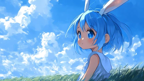Blue-haired bunny girl under vivid summer sky.