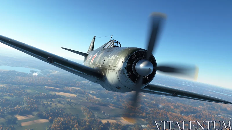 WWII fighter aircraft in dynamic low-altitude banking flight.