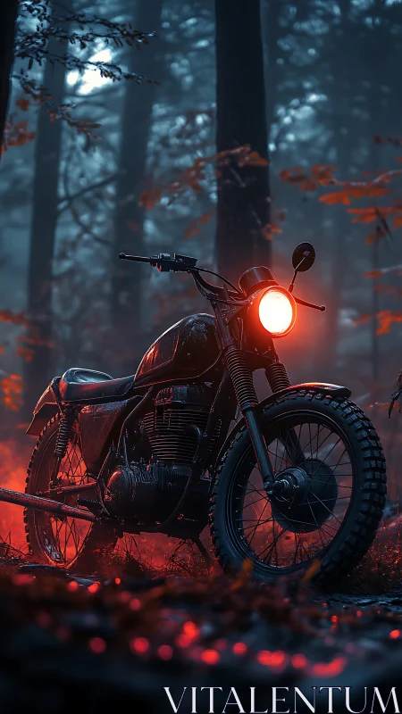 Midnight trail bike ignites a fog-drenched crimson forest.
