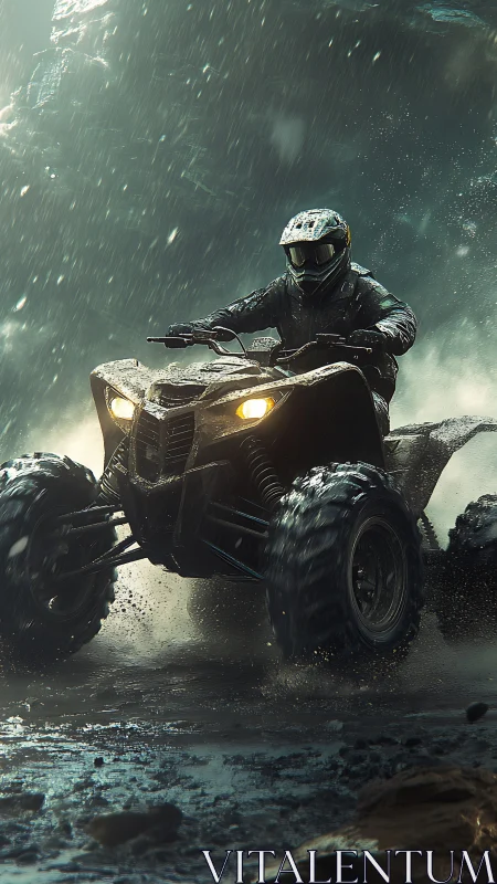 Rider operates quad bike through wet, rugged terrain in rain