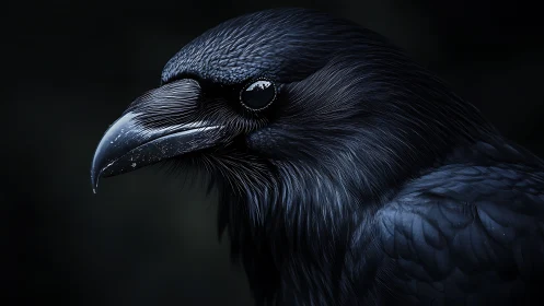 Close-up side profile of raven head in low key lighting