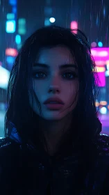 Rain-soaked cyber night muse beneath neon city lullaby.