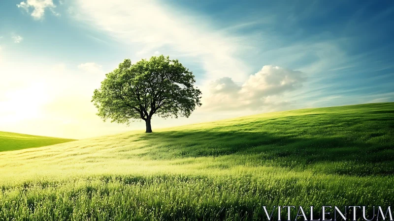 Photorealistic lone tree on sunlit pastoral hillside landscape.
