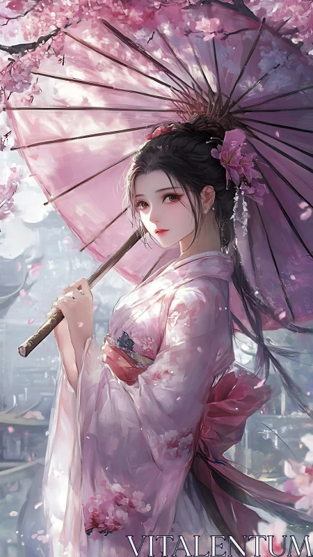 Elegant kimono figure under parasol amid soft sakura bloom