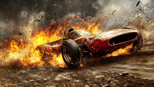 Fiery vintage race car surging through sparks and storm.