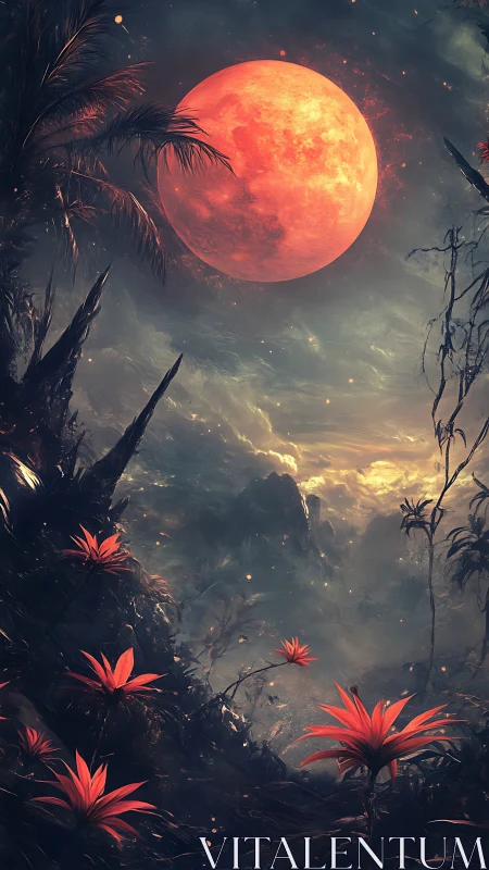 Red lunar body over dark landscape with luminous flora.
