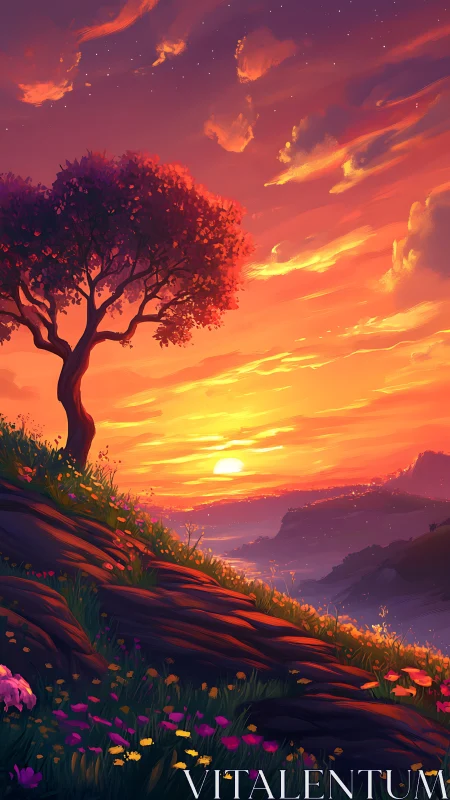 Solitary hillside tree leans into a river of molten sunset