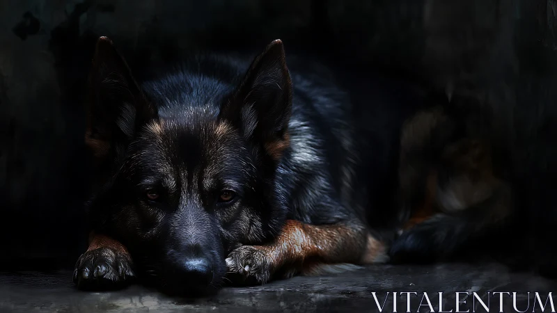 German shepherd lies in shadows with soulful, watchful eyes.