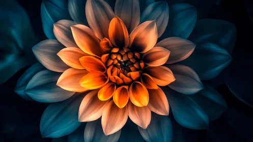 Dahlia Flower Study. Orange and Gold Petals Against Dark Teal Background