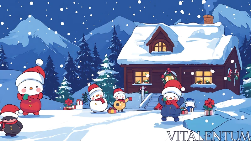 Snowy cartoon cabin with winter characters at night time.