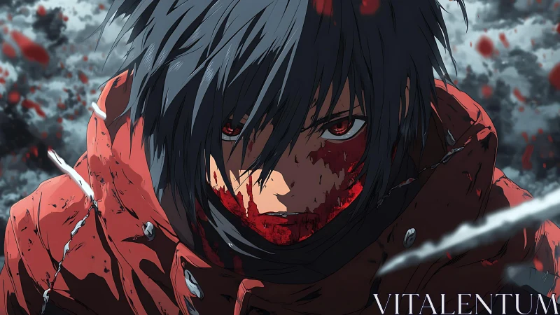 Bloodied anime fighter stares forward amid motion and debris