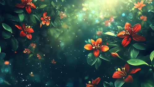 Red Blossoms Dance Through Luminescent Garden Mist