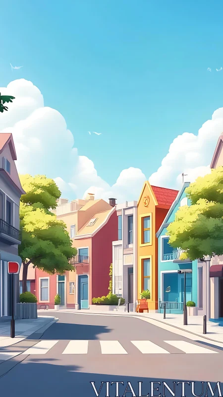 Quiet urban street with colorful row houses and trees.