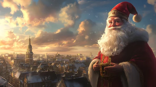 Regal Santa overlooking golden-hour snow-covered cityscape.