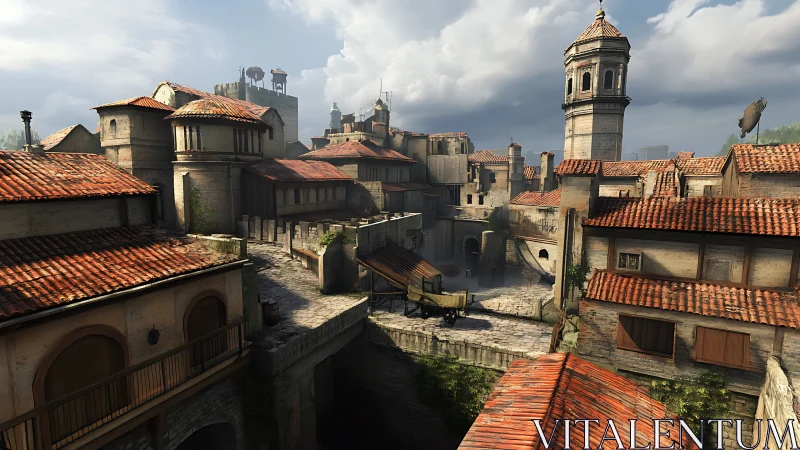 Medieval hilltop town with red tile roofs at midday light.