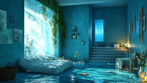 Digital painting of flooded teal bedroom with botanical accents.