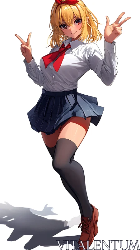 Cheerful blonde schoolgirl posing with playful peace signs.