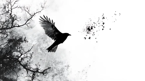Monochrome crow silhouette with tree branches and splatter.
