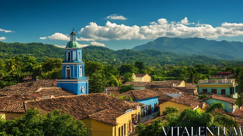 Colonial town rooftops under lush mountain skyline.