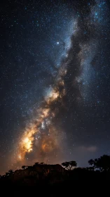Milky Way core blazes above silhouetted rocky horizon at night.