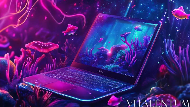 Laptop within neon coral seascape and fluorescent fish scene.