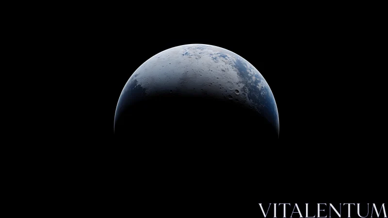 Crescent planetary body with cratered surface in space.