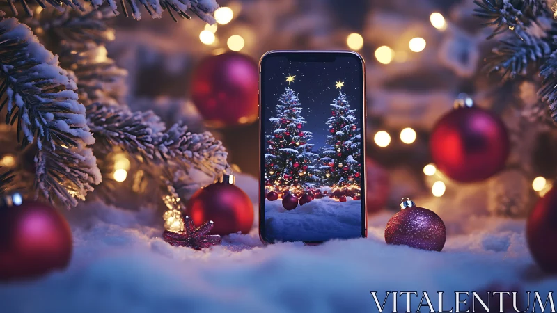 Smartphone screen mirrors illuminated Christmas trees in snowy bokeh