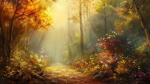 Backlit autumn forest path with volumetric sunlight rays
