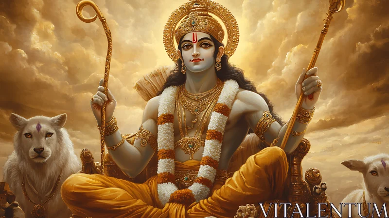 Divine regal figure enthroned amid golden stormlit clouds