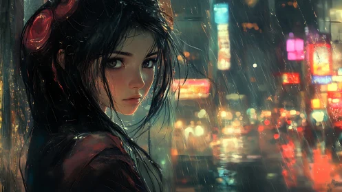 Girl with red bow in neon city street at night rain.