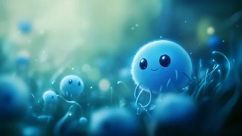 Smiling blue orb characters float in a softly lit meadow