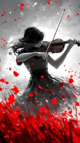 Dynamic grayscale violinist framed by red abstract motion field