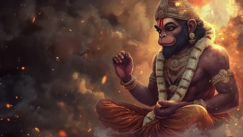 Divine simian figure meditates amid volumetric firelit smoke