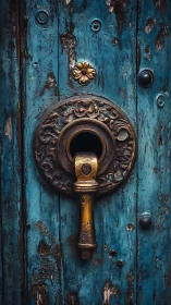 Ornate brass door handle on weathered teal wooden surface.