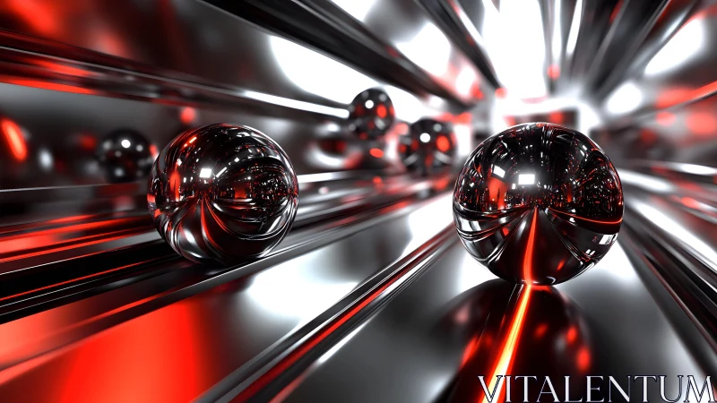 Reflective metallic spheres in red illuminated abstract tunnel.