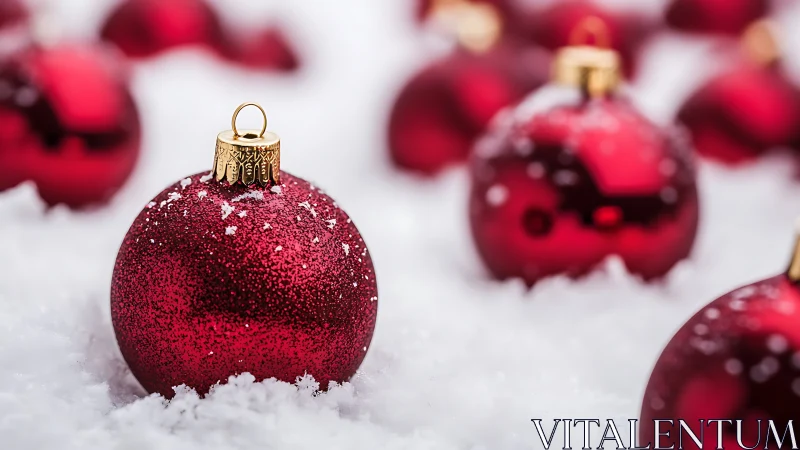 Crimson snow-kissed baubles resting in a winter hush.