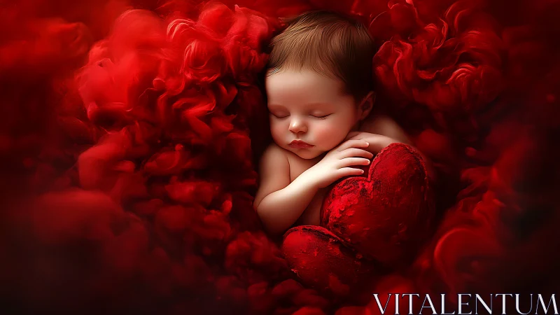 Sleeping Baby Nestled in Crimson Flowers and Velvet Hearts