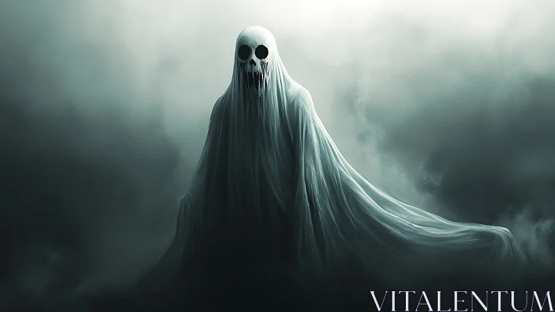 Spectral shrouded wraith with skull mask in dense volumetric fog