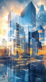 Modern Glass Towers with Sunset Sky Reflection