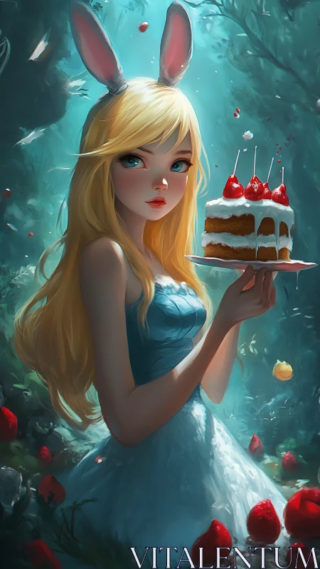 Whimsical Bunny Girl with Frosted Cake.