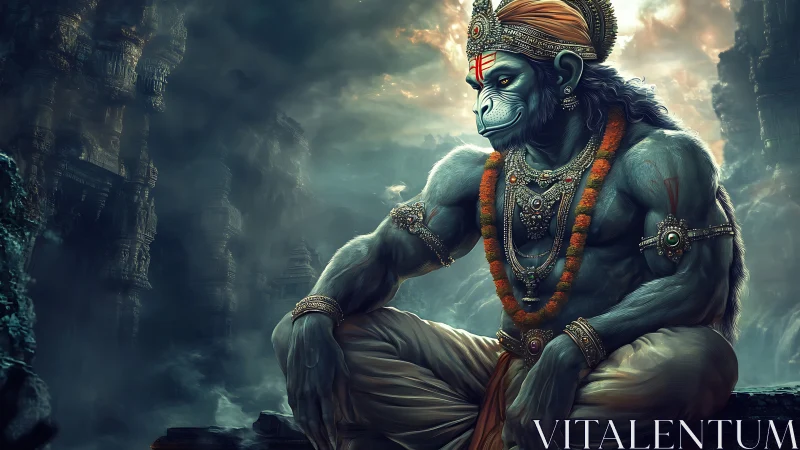 Divine warrior monkey figure in ornate jewelry and ruins.