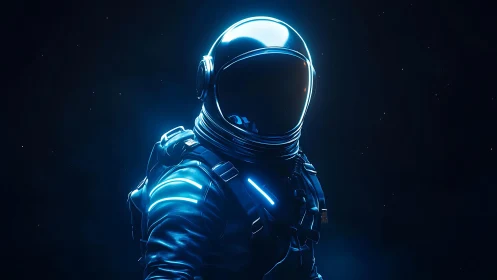 Illuminated astronaut stands in dark space environment
