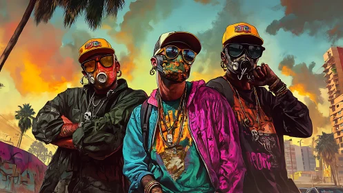 Streetwise trio stands bold in neon urban sunset energy