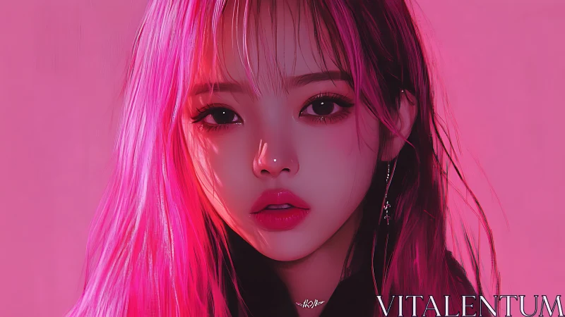 Digital portrait of pink-haired woman on monochrome background.