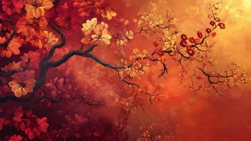 Curved flowering branches cut across a molten orange sky