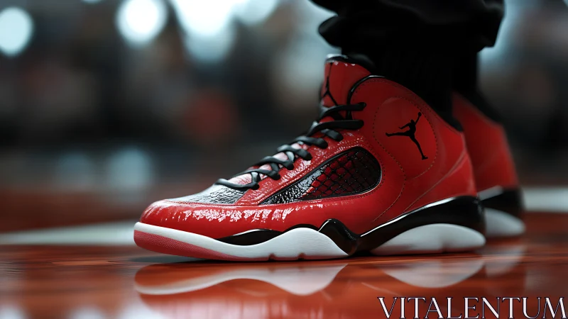 Bold red basketball sneakers glowing on polished court.