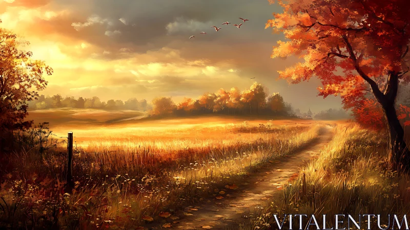 Rural path through autumn fields under low golden sunlight.